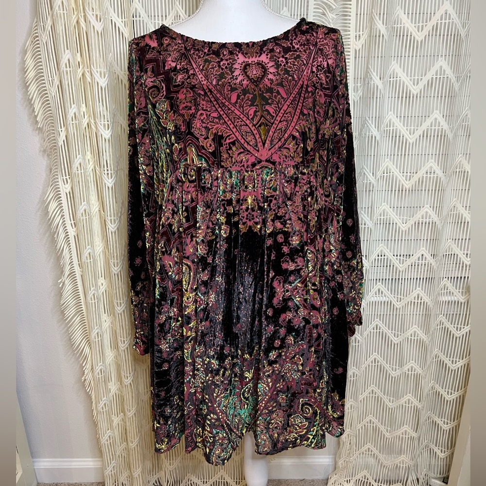 Free People Long Sleeve Velvet Paisley Empire Dress Maroon Yellow Green Small